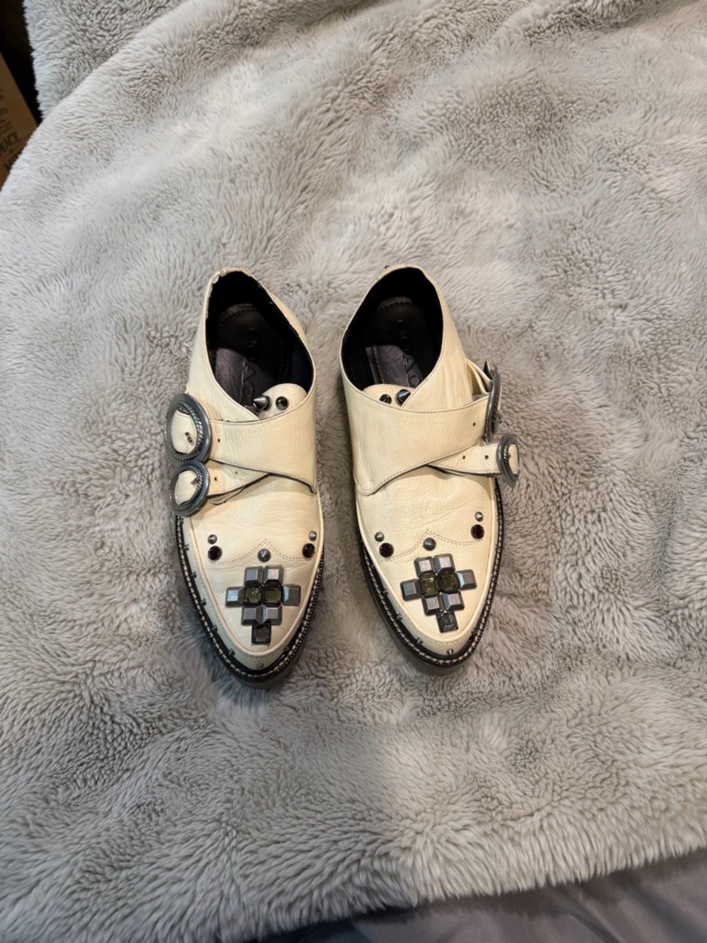 Coach Cream and Black Embellished Pointed Toe Monk Strap Shoes